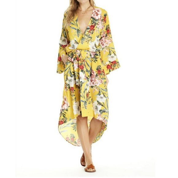 Maison Du Soir Womens sz M Isabella Robe Marigold Floral Kimono Long Belted NEW - Picture 1 of 8